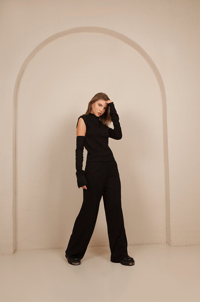 Midnight Black Wide Leg Knit Trousers